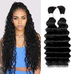 Deep Wave Bulk Human Hair for Braiding 10A Brazilian Curly Human Hair 100 percent Human Hair 2 Bundles No Weft micro Human Braiding Hair for Boho Braids Virgin Hair Extension(Natural Black, 100g 18")