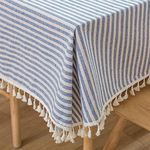 Plenmor Cotton Linen Table Cloth Stripe Tassel Rectangle Tablecloth Dust-Proof Table Cover for Kitchen Dinning Tabletop Decoration (140cm x 220cm, Blue)