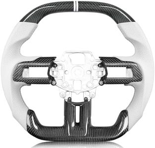 TESFEEL Carbon Fiber Steering Wheel for Mustang 2015-2017 Double D Flat-Top&Bottom with Trim Cover White Nappa Leather White Stripe Silvery Stitching for Mustang EcoBoost/GT/V6 for Shelby GT350/GT350R