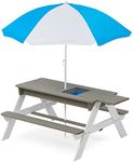Mederra Kids Sand and Water Table, Wood Outdoor Picnic Table & Chair Set w/Umbrella for Backyard Play