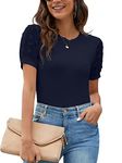 Blooming Jelly Womens Short Sleeve Blouse Business Casual Dressy Tops Ribbed Summer Stylish Work Shirts, Navy Blue, Medium