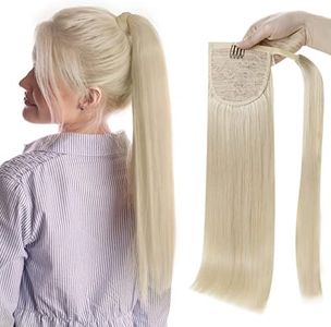 Full Shine Blonde Ponytail Human Hair Extensions Wrap Around Clip Ins Ponytail Real Human Hair Platinum Blonde Straight Pony Tails Hair Extensions with Magic Paste 70 Grams 14 Inch