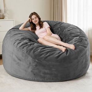 Homguava 6FT Bean Bag Chair Giant BeanBag with Memory Foam Filled, Large Bean Bag Chairs for Adults, Adult Bean Bag Chair with Dutch Velvet Cover for Living Room Bedroom-Grey