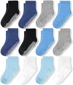 CozyWay Non-Slip Crew Grip Boys Socks, 12 Pack for Boys, Black/White/Gray/Blue/Light Blue/Aqua, 5-7 Years Old