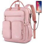 Mancro Laptop Backpack for Women, 15.6 Inch Travel Laptop Backpack with USB Charging Port and PVC Toiletry Pocket, Wide Open Computer Bag Bookbag for College Gifts School Backpacks, Pink