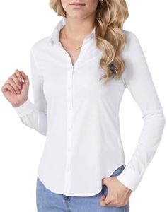 Beninos Women's Classic Button Down Shirt Elegant Office Casual Blouse (680 White, L)
