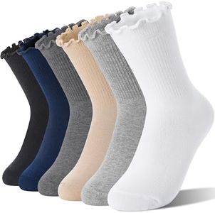 Welwoos Girls Kids Ruffle Socks Uniform School Dress Frilly Cotton Crew Gifts Socks 6 Pairs Stocking Stuffers(White/Khaki/Grey/Dark Grey/Black,9-15 Years)