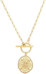 CANEVINKA Dainty Cross Medallion Pendant Chain Necklace 18K Gold Plated Oval Choker Fashion OT Toggle Jewelry Handmade for Women Simple Gold Charm Necklace