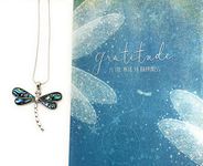 Smiling Wisdom - Dragonfly Gratitude Greeting Card Gift Set - Abalone Shell Dragonfly Necklace for Girl, Teen, Woman, Friend - Blue Green