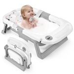 Baby Bathtub, Newborns Bath Essentials, Portable Bath tub For Infant 0-24 Months，Baby Shower Gifts With Soft Cushion,Temperature Sensor and Tray