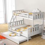 KOMFOTT Twin Over Full Bunk Bed with Trundle, Wood Bunk Bed with Pull-Out Trundle Bed, Solid Wood Frame, Ladder & Safety Guardrails, Convertible to 2 Separated Beds, No Box Spring Needed (White)