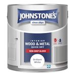 Johnstone’s - Quick Dry & Non Drip Gloss Paint for Wood & Metal - Brilliant White | Interior & Exterior | Low Odour, Water-Based Formula, Dry in 1-2 Hours | 10m2 Coverage per Litre | 2.5 L