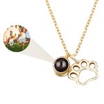 Dog Photo Necklace 925 Sterling Silver Personalised Projection Necklace with Picture Inside Pet Paw Print Customised Memorial Jewellery Present for Dog Lovers Birthday Present (Paw print01-gold)