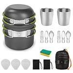 Camping Cookware Mess Kit, Cooking Gear for Outdoor, QUPZZE Cooking Equipment with Aluminum Pot and Pan Set, Stainless Steel Cup, Foldable Camping Pots for Hiking, Picnic, Campfire