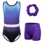 XFGIRLS Gymnastics Leotards for Girls Sleeveless Sparkle Leotard Ballet Dance Tumbling Athletic Shorts Blue-Purple 10A