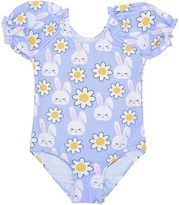 LIZENS Girls' One-Piece Swimwear Adorable Bunny Rabbit Puff Sleeve Tropical Floral Girls Bathing Suit(BL114,6-7T)