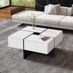 Merax White Square Coffee Table, Coffee Table with Storage for Living Room, Square Centre Table, Tea Table with 4 Drawers, 70 x 70 x 35cm