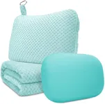 urnexttour Travel Pillow Blanket Set-3 in 1 Travel Pillow Memory Foam, Soft Travel Blanket Airplane Compact with Bag, Inner Pillowcase, Hand Luggage Belts and Backpack Clip, for Plane Car, Blue Green