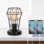 Cage Lamps, Table Lamp with USB Ports and Outlet Bedside Lamps Small Desk Industrial Nightstand Light Steampunk Table Reading Lamps for Bedroom Hallway Kitchen or Small Spaces, Black Metal Lamps