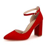 Women's 3-Inch Closed Toe Chunky Heels Pumps Ankle Strap Dress Wedding Shoes, Red Su, 8