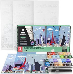 Arteza Paint-by-Numbers Kit, 8x16 inches, Tri-Panel Cities Canvas Painting Kit with 3 Canvas Panels, 24 Acrylic Paint Pots, 5 Paintbrushes, Art Supplies for Advanced Artists