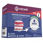 Vacwel 8-Pack Variety - Ziplock Vacuum Storage Bags for Clothes - Space Saver Bags for Packing Clothes - Vacuum Space Bags – 2xJumbo (43x30in) +2xLarge (32x21in) +6xMedium (28x20in) + Bonus Hand Pump