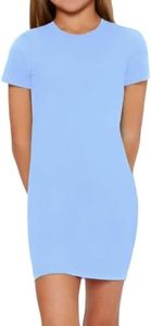 SHENHE Girl's Basic Short Sleeve Crew Neck Bodycon T Shirt Pencil Mini Dresses Light Blue 13-14Y
