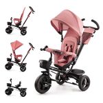 Kinderkraft AVEO Trike from 9 Months to 5 Year, Tricycle with adjustable parent handle, Trike for baby kids toddler, Foldable, Free Wheel Function, Protection from Sun, Cupholder, Toy basket, Pink