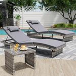 Danrelax Long Reclining Chair Lounge Set (Set of 3), Modern Outdoor Patio Furniture with Adjustable Backrest & Side Table, Durable PE Wicker, Weather-Resistant Cushions, Grey