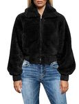 FANCYINN Womens Teddy Cropped Faux Fur Jacket Furry Lapel Coat Zip Up With Pockets Warm Winter Black M