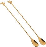 AnSaw Gold 12-Inch Stainless Steel Cocktail Spoon with Leaf Handle - Perfect for Mixing & Layering Drinks in Tall Cups, Bar & Shakers - Durable Long Handle Bar Stirrer,2-Pieces