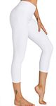 COOLOMG Yoga Pants White Capri Compression Leggings 3/4 Womens Running Tights with Hidden Pockets