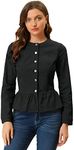 Allegra K Women's Denim Round Neck Button Down Long Sleeve Cropped Ruffle Peplum Jacket Blacks L