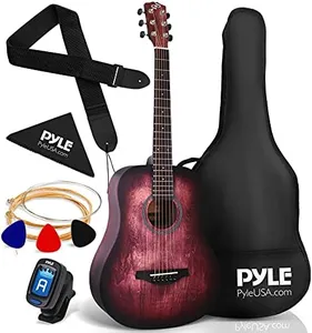 Pyle Acoustic Guitar Kit, 1/2 Junior Size All Wood Steel String Instrument for Beginner Kids, Adults, 34" Crimson Burst Matte