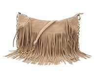 HOXIS Studded Tassel Faux Suede Leather Hobo Cross Body Chain Shoulder Bag Women’s Satchel, New Khaki, Medium