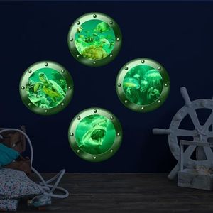 3D Ocean Animals World Wall Stickers Glow in The Dark, 4 Pcs Sharks Turtles Jellyfishs Removable Decals for Kids, Vinyl Stickers for Ceiling (Green)