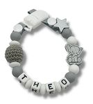 FLUFFY CLOUDS Dummy Clip Pacifier Soother Holder Personalised ~ Baby Boys Girls Name ~ Elephant (Pink)