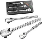 DURATECH 3-Piece Ratchet Set, 1/4", 3/8", 1/2" Drive Ratchets, Dirt Resistance 90-Tooth Ratchet Wrench, Chrome Alloy Made, Fully Polished, Organized in Storage Case