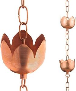 Marrgon Copper Rain Chain – Decorative Chimes & Cups Replace Gutter Downspout & Divert Water Away from Home for Stunning Fountain Display – 6.5’ Long for Universal Fit – Flower Style