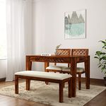 UrbonArts Furniture Wooden Dining Table 4 Seater | Four Seater Dinning Table with 2 Chairs & 1 Bench for Home | Dining Room Sets for Restraunts | Sheesham Wood, Honey Finish (CNC 45 * 30 Honey)