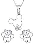 Kaguyo Jewellery Sets for Women - Sterling Silver Clear Zirconia Mickey Mouse Pendant Necklace with Minnie Mouse Stud Earrings - Jewelry Set for Women and Girls - Birthday Gift