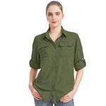 Alfiudad Women Safari Shirts Button Down Work Blouse UPF 50 Long Sleeve Sun Protection Outdoor Quick Dry Hiking Travel Casual Shirts Green