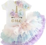 Baby Girl First 1st Birthday Cake Smash 3 Piece Outfit Set - Onesie + Tulle Skirt + Headband (Unicorn)