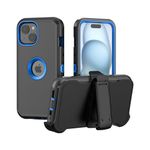 AKELOR Phone Case for iPhone 15 Case: Heavy Duty Shockproof Armor Protector Case Cover with Belt Clip Holster for Apple iPhone 15 6.1 Phone Case (Black+Blue)