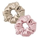 LILYSILK 100% Pure Silk Scrunchies Hair Elastic for Women Girls Hair Ties Ponytail Holder No Crease Gentle for Hair 2PC, Rosy Pink+Light Coffee