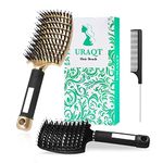 URAQT Hair Brush, 2 Pcs Boar Bristle Paddle Hairbrush with Tail Comb, Soft Massage Vent Brush for Men Women, Detangle Hair Brush for Long Thick Curly Hair, Reducing Hair Breakage (Black & Gold)