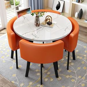 WOOOFA Round Dining Table Set for 4, Faux Marble Conference Table and Chairs Set, Kitchen Table Chairs Set with Strong Metal Frame, Space-Saving, Office Table and Chair Set for Home and Apartment