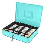 Flexzion Cash Box with Money Tray and Lock - Metal Cash Box for Small Businesses, 9-Compartment Blue Money Box with Lock and Key for Petty Cash, Checks, Coins, Portable Money Box for Cash Storage