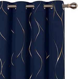 Deconovo Gold Wave Foil Print Blackout Curtains, 52W x 84L Inch, Navy Blue, 1 Pair, Grommet Light Blocking Room Darkening Curtain, Noise Reducing Window Drapes for Living Room Bedroom