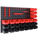 DEUBA® Tool Rack Garage | Wall Storage System | Plastic Bins Storage Kit | 45 Pcs | Tools Organiser Home Shelves Unit | Stackable Pegboard Boxes | Red & Black